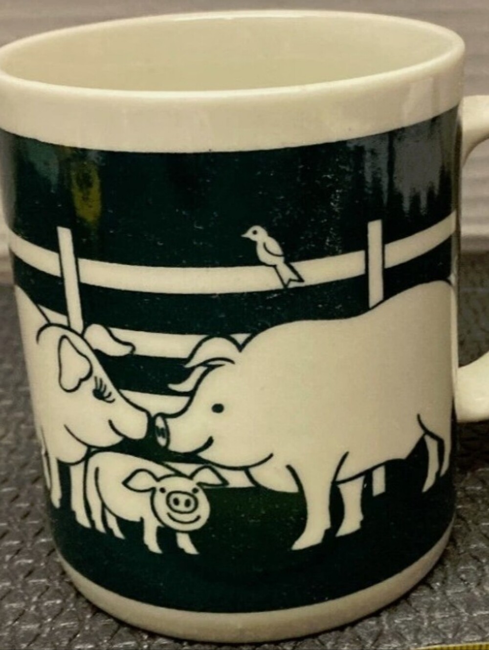 Vintage Barnyard Pigs Ceramic Mug - Dark Navy and White